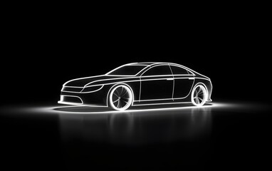 Simple outline car silhouette. 3D Rendering. Fluorescent bulb lighting