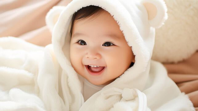 Happy smiling Asian baby wrapped in a light white towel with ears, on a bed on a white background.