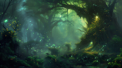 Explore a magical forest filled with giant ancient trees, glowing bioluminescent plants, and...