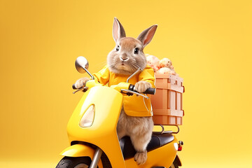 A rabbit rides a yellow electric motorcycle with a box of crazy eggs on his back on a yellow background. Delivery. Easter - obrazy, fototapety, plakaty