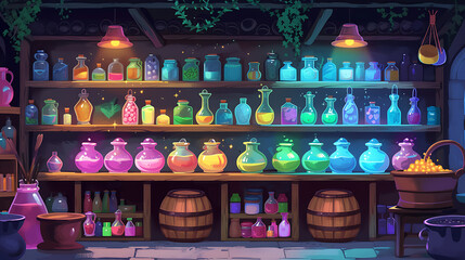 Explore a magical potion shop adorned with shelves of vibrant concoctions and bubbling cauldrons.