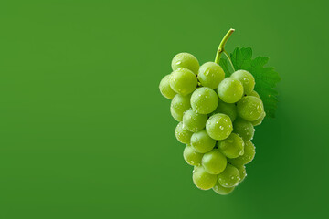 Bunch of green grapes. Vibrant green background. Space for text.