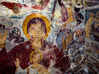Wall paintings from The Sumela Monastery (Turkish: Sümela Manastırı) stands at the foot of a steep cliff facing the Altındere valley in the region of Maçka in Trabzon Province, Turkey. - obrazy, fototapety, plakaty