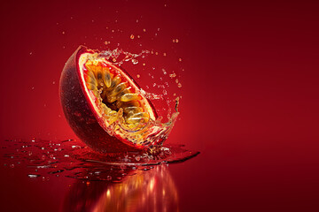 Passion fruit in water splash. Deep red background. Space for text.