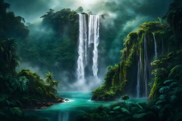 A grand waterfall hidden within a dense, tropical jungle, surrounded by vibrant foliage and mist rising into the air