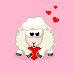 Cartoon sheep with a heart. Greeting card for Valentine Day