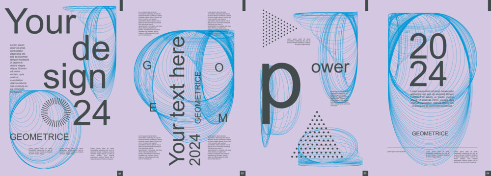 Geometric modern banner with trendy minimalist typography design. Poster templates with abstract dynamic fractal lines in circles forms, triangle dots grids and text elements. Vector illustration.