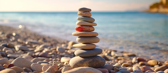 Stack of stones meditation yoga balance on sea shore - obrazy, fototapety, plakaty