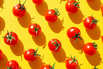 Pattern from fresh cherry tomatoes. Yellow background, minimalistic flat lay.