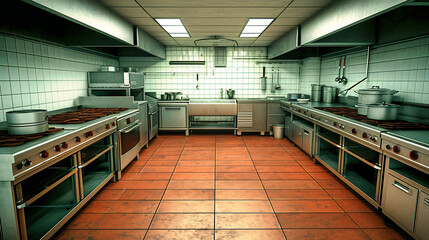 Professional Kitchen with Steel Oven, Metallic Equipment, and Industrial Design in a Modern Setting