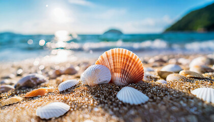 Fototapeta na wymiar Shell on the beach, tropical island landscape. Vacation and relaxation. Blurred ocean view