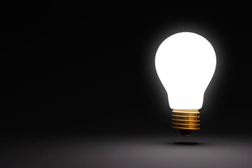 Outstanding idea. A light bulb shines on a black background. Concept of ideas and innovation in technology