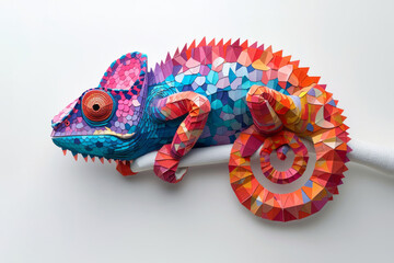 Obraz premium Creative portrait of chameleon made from origami paper on white background