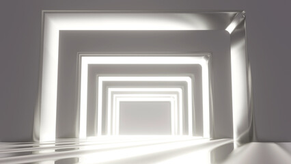 3D rendering of an empty white tunnel corridor. Abstract interior square geometric structure design for commercial background display.