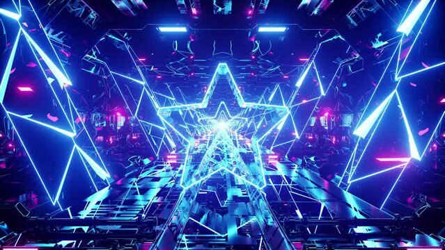An endless flight through a vivid neon tunnel of psychedelic star-shaped lights on a seamless loop.Perfect for music videos, stage performance walls, LED screens and projection cards.