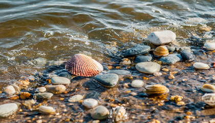 Sea shells and stones on the beach near the ocean or sea water.