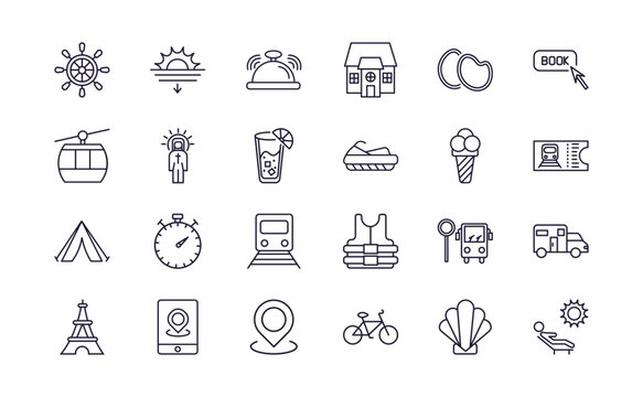 editable outline icons set. thin line icons from travel collection. linear icons such as rudder, hotel bell, rubber, eiffel tower, bike, sun bath