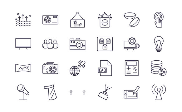 editable outline icons set. thin line icons from technology collection. linear icons such as evaporation, holidays, contact lens, big microphone, tinsel, antenna