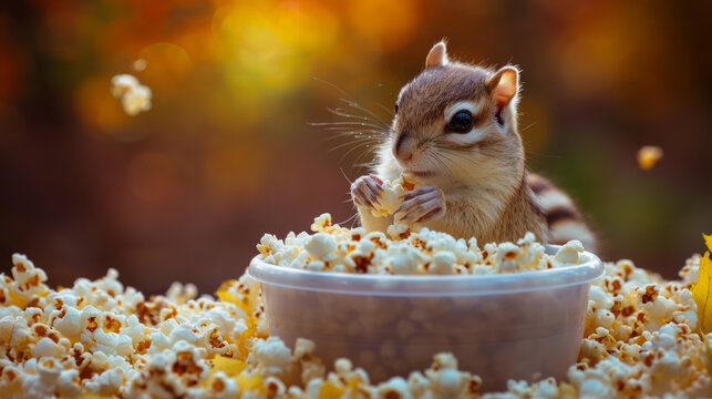 Chipmunk is stealing popcorn from plastic bowl