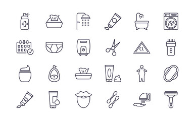 editable outline icons set. thin line icons from hygiene collection. linear icons such as antiseptic, douche, bathroom, tooth paste, cotton swabs, shaving razor - obrazy, fototapety, plakaty