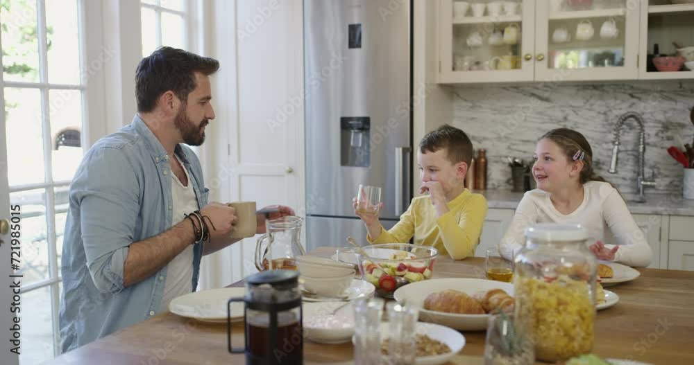 Poster Father, children and breakfast or morning drinking for hungry meal, pancakes or weekend. Male person, siblings and holiday relax at kitchen table for vacation connection together, nutrition or health