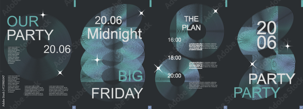 Poster party modern banner with trendy minimalist typography design. poster templates with shiny music disk