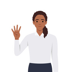 Young woman Character raise his hand to show the count number 4. Flat vector illustration isolated on white background