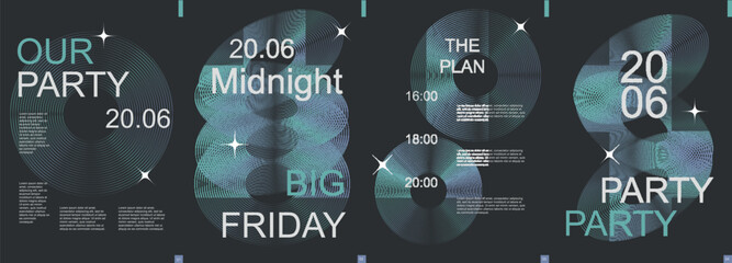 Party modern banner with trendy minimalist typography design. Poster templates with shiny music disk in line grid forms and text elements on dark backdrop for show invitation. Vector illustration. - obrazy, fototapety, plakaty