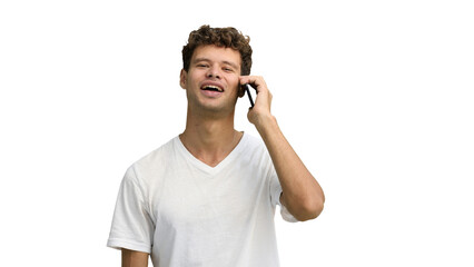 A man in a white T-shirt, on a white background, close-up, with a phone