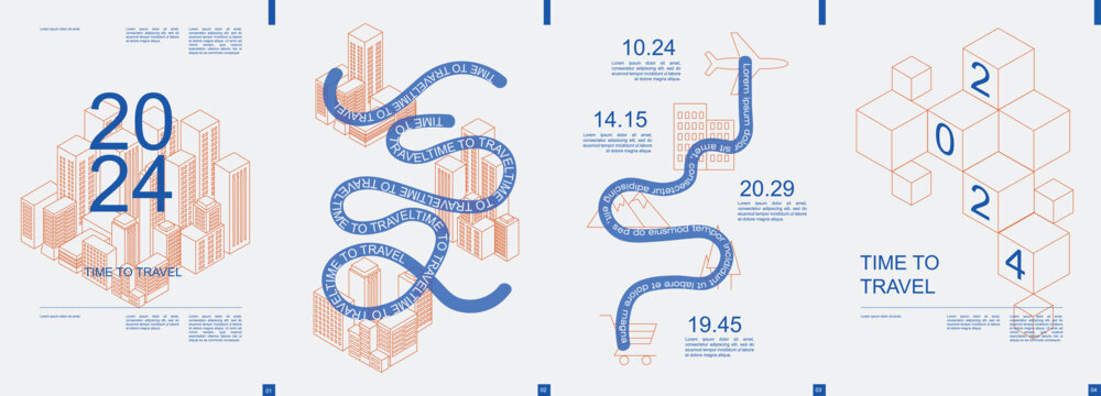 Travel modern banner with trendy minimalist typography design. Poster templates with graphic city skyscrapers, road route, flight destination to landmarks and text elements. Vector illustration.