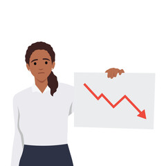 Young woman business loss and recession flat vector concept illustration. Businesswoman is holding a blank paper with down trend stock graph. Flat vector illustration isolated on white background