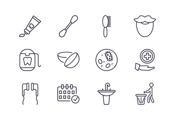 editable outline icons set. thin line icons from hygiene collection. linear icons such as tooth paste, primp, lens, microbes, appointment book, throw - obrazy, fototapety, plakaty
