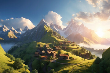 3d village in the mountains