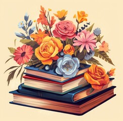 A pile of books with flowers and leaves on a light background. Hand drawn flat stack of books.