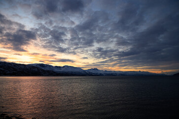 Fototapeta premium Fjord near Narvik during the polar night, Norway
