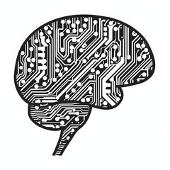 Graphic representation of a brain made of digital circuits isolated on white background, doodle style, png
