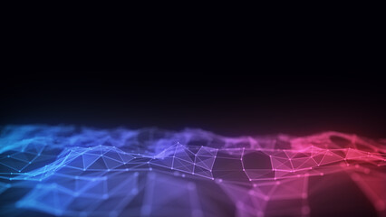 Colorful wave with motion dots and lines. Abstract digital background. Concept connection big data. Futuristic technology backdrop. 3D rendering.