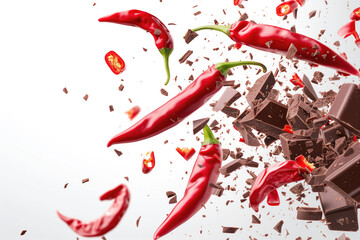 Chilli and chocolate flying on white background