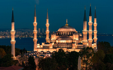 lue Mosque in Istanbul at night.