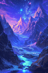 An image showing mystical mountains at night.