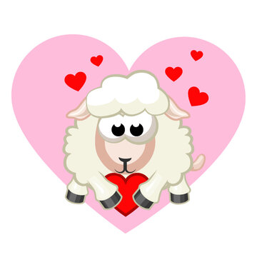 Cartoon Sheep Holding Heart. Greeting card for Valentine Day