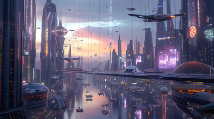 A mesmerizing futuristic metropolis at twilight, adorned with sleek flying vehicles and glass towers radiating a vibrant neon glow.