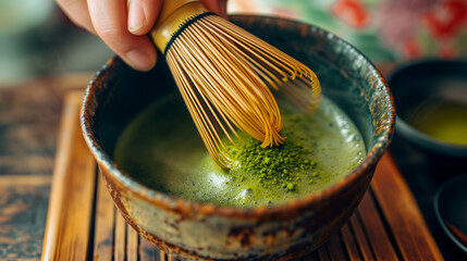 Traditional Japanese tea ceremony, whipping matcha with matcha whisk/chasen - obrazy, fototapety, plakaty