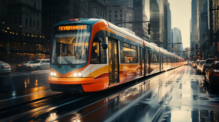 Sleek Modern Tram Gliding on Wet Streets of Bustling City During Twilight, Urban Public Transportation Concept