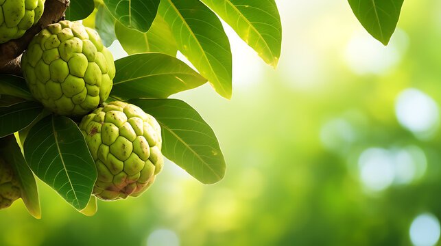 Atis (Annona Squamosa) fuit on a tree branch with copy space for text background