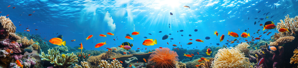 A vibrant underwater scene with a school of tropical fish swimming among colorful coral under the dappled sunlight of the ocean surface.