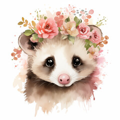 Fototapeta na wymiar Cute watercolor opossum with pink flowers wreath in pastel colors