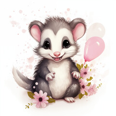 Fototapeta na wymiar Cute watercolor opossum with herbal elements and pink balloons in pastel colors