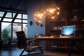A contemporary workspace with a statement lighting fixture