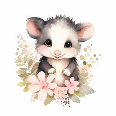 Fototapeta na wymiar Cute smiling watercolor opossum with herbal elements in pastel colors